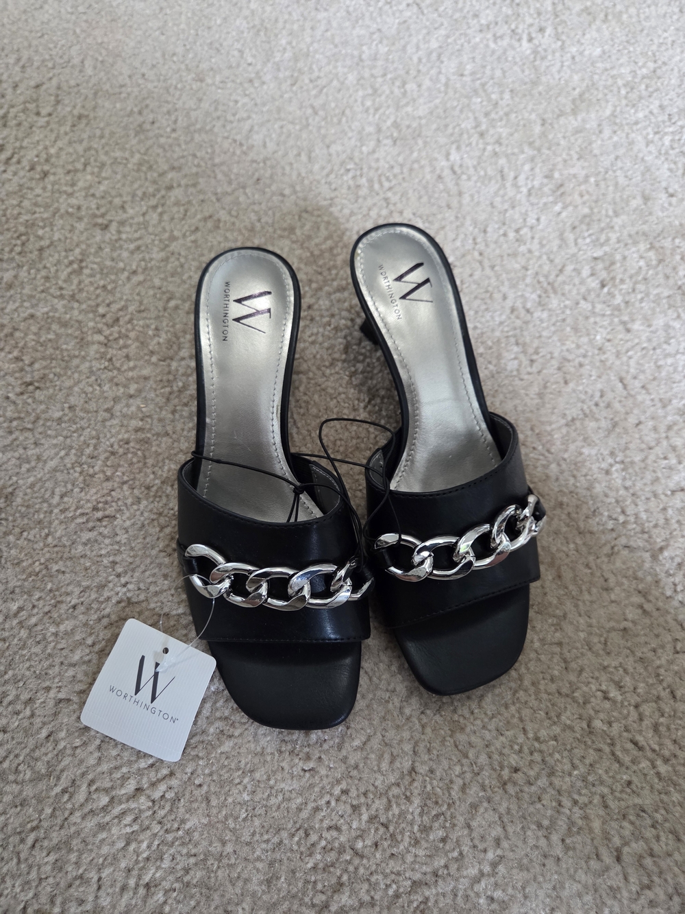 Worthington Black Slide Sandals with Silver Chain